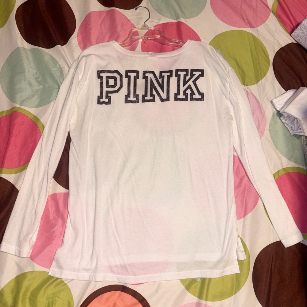 PINK Victoria's Secret White V-Neck Long Sleeve Top with Tiny Dot Embellishments